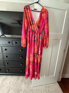 Vibrant Pink Floral Wrap Maxi Dress